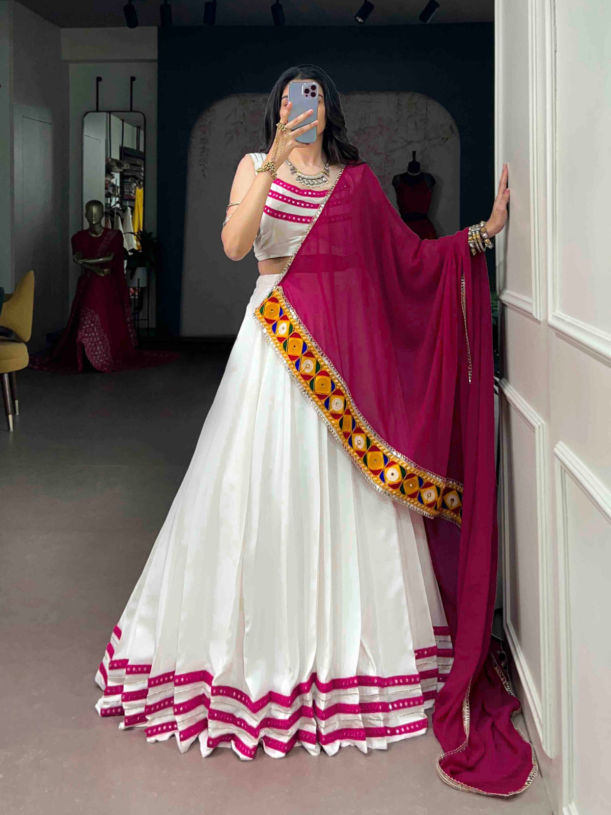 White Pure Rayon Cotton Silk Gamthi Lace Work Chaniya Choli