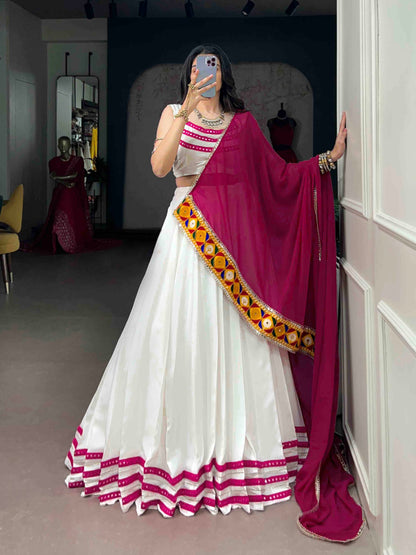 White Pure Rayon Cotton Silk Gamthi Lace Work Chaniya Choli