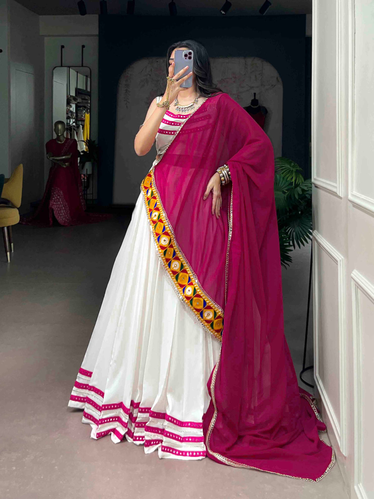 White Pure Rayon Cotton Silk Gamthi Lace Work Chaniya Choli