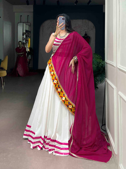 White Pure Rayon Cotton Silk Gamthi Lace Work Chaniya Choli