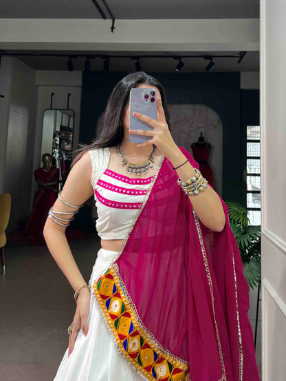 White Pure Rayon Cotton Silk Gamthi Lace Work Chaniya Choli