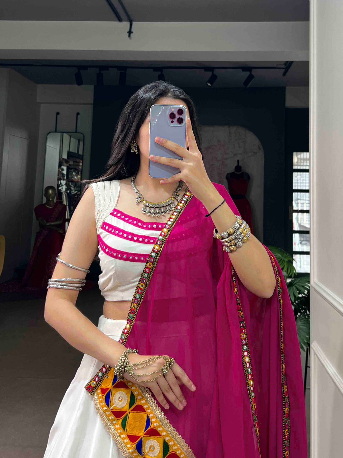 White Pure Rayon Cotton Silk Gamthi Lace Work Chaniya Choli