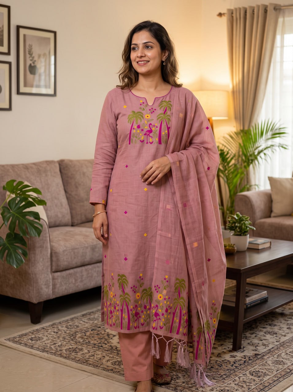 Pink Pure Muga Cotton 3 PC Jamdani Lagdi Patta Weaving Salwar Suit
