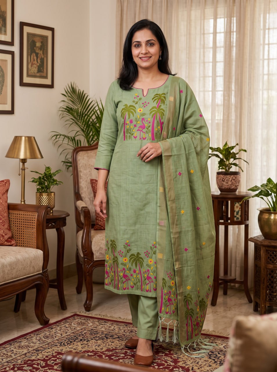 Green Pure Muga Cotton 3 PC Jamdani Lagdi Patta Weaving Salwar Suit
