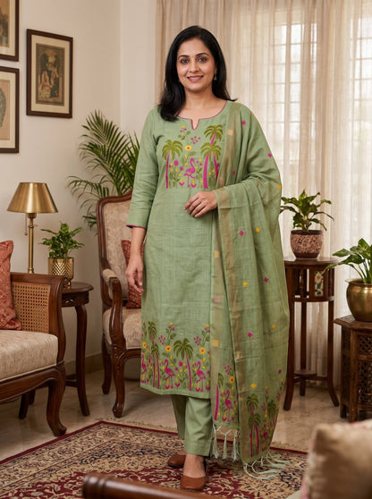 Green Pure Muga Cotton 3 PC Jamdani Lagdi Patta Weaving Salwar Suit