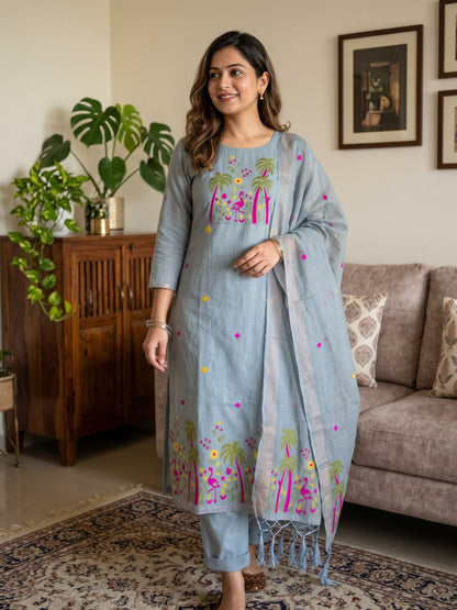 Grey Pure Muga Cotton 3 PC Jamdani Lagdi Patta Weaving Salwar Suit