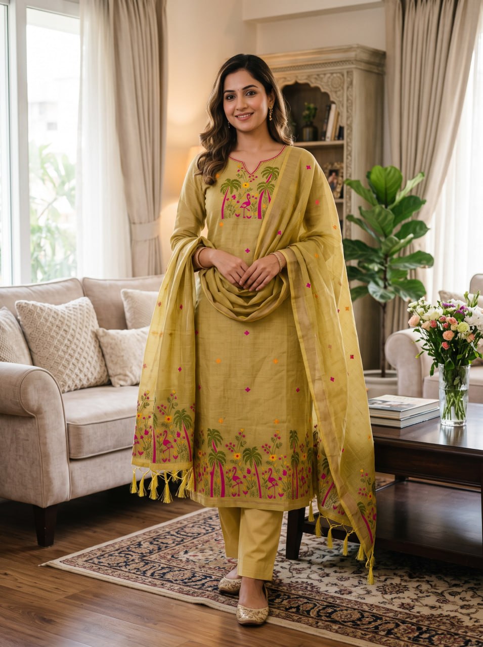 Mustard Pure Muga Cotton 3 PC Jamdani Lagdi Patta Weaving Salwar Suit