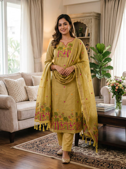 Mustard Pure Muga Cotton 3 PC Jamdani Lagdi Patta Weaving Salwar Suit