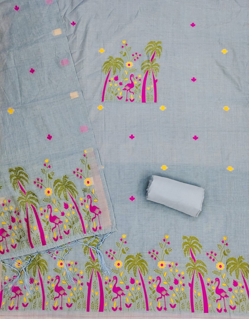 Grey Pure Muga Cotton 3 PC Jamdani Lagdi Patta Weaving Salwar Suit