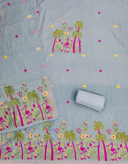 Grey Pure Muga Cotton 3 PC Jamdani Lagdi Patta Weaving Salwar Suit
