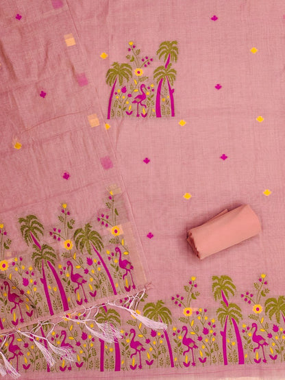 Pink Pure Muga Cotton 3 PC Jamdani Lagdi Patta Weaving Salwar Suit