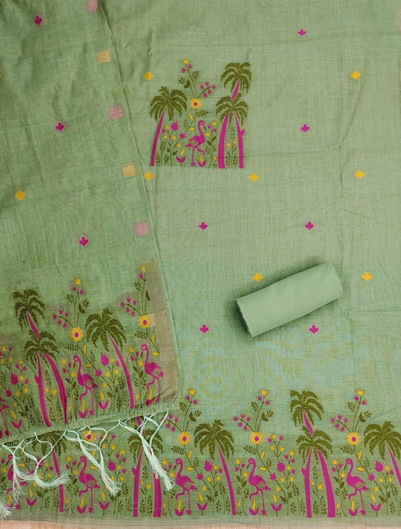 Green Pure Muga Cotton 3 PC Jamdani Lagdi Patta Weaving Salwar Suit