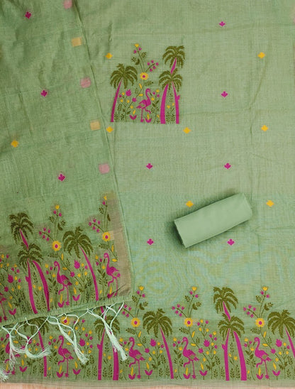 Green Pure Muga Cotton 3 PC Jamdani Lagdi Patta Weaving Salwar Suit