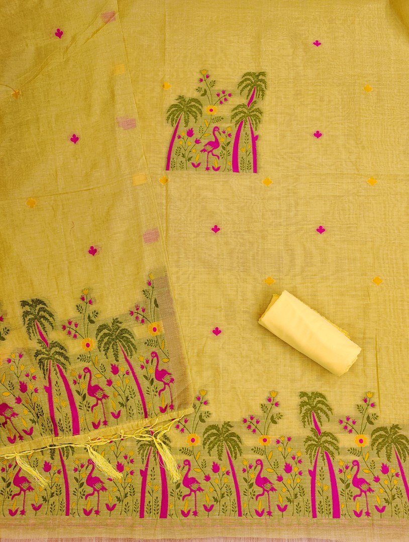 Mustard Pure Muga Cotton 3 PC Jamdani Lagdi Patta Weaving Salwar Suit