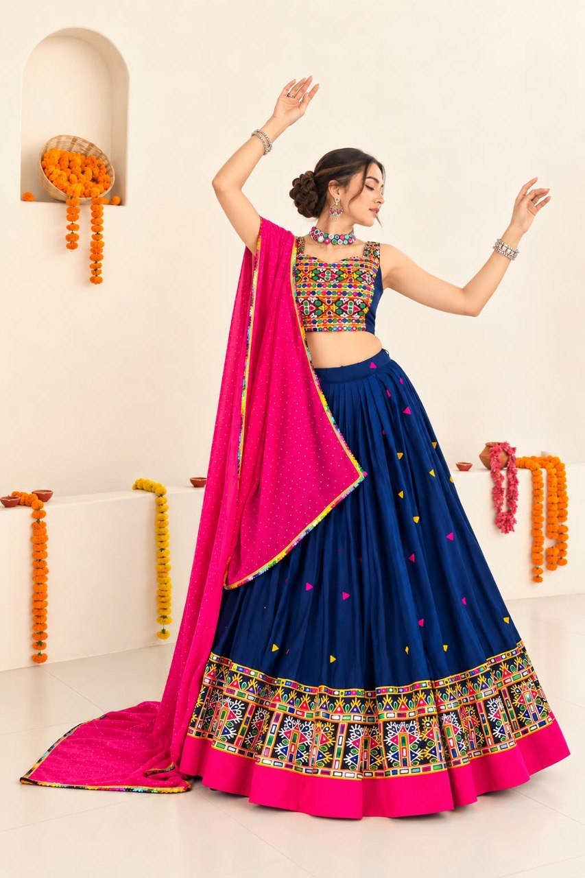 Navy Blue Pure Rayon Cotton Traditional Gamthi Work Work Navratri Lehenga Choli