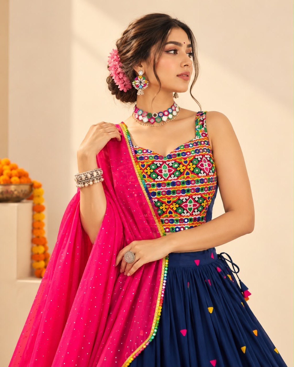 Navy Blue Pure Rayon Cotton Traditional Gamthi Work Work Navratri Lehenga Choli