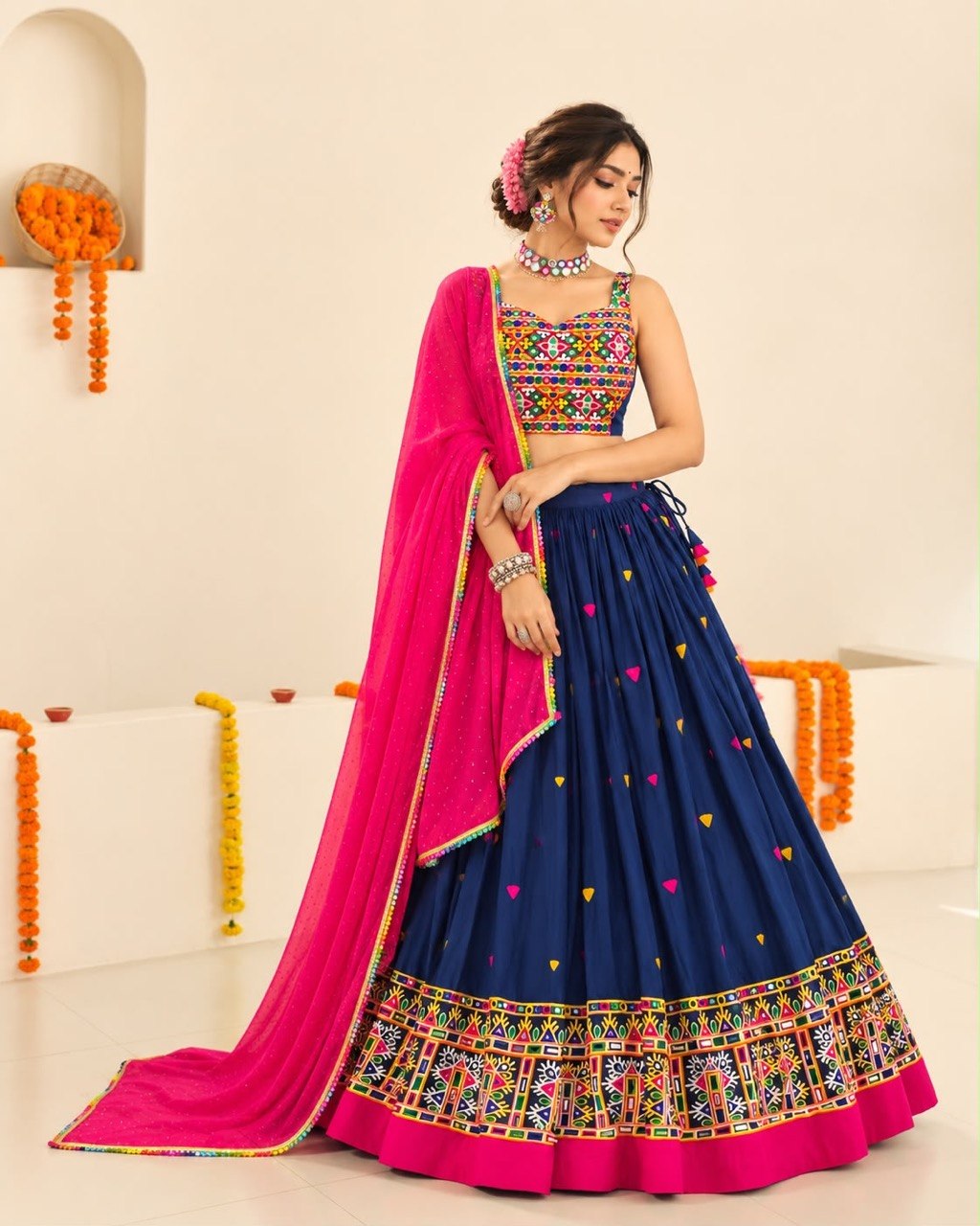 Navy Blue Pure Rayon Cotton Traditional Gamthi Work Work Navratri Lehenga Choli