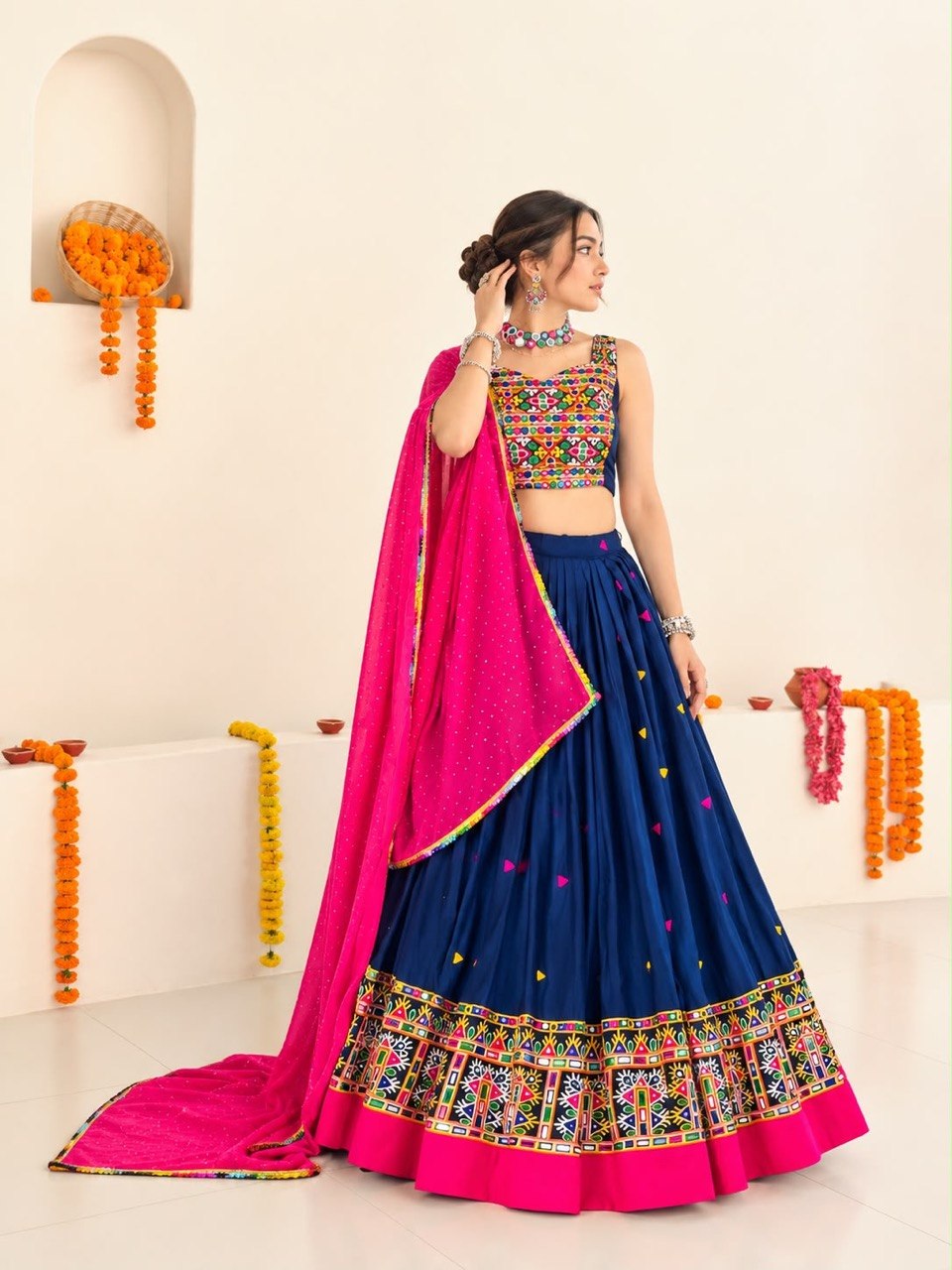 Navy Blue Pure Rayon Cotton Traditional Gamthi Work Work Navratri Lehenga Choli