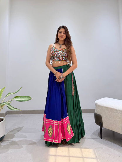 Navy Blue Pure Rayon Cotton Traditional Gamthi Work Work Navratri Lehenga Choli