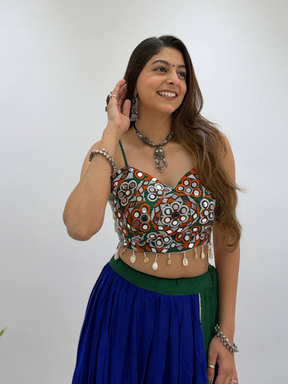 Navy Blue Pure Rayon Cotton Traditional Gamthi Work Work Navratri Lehenga Choli