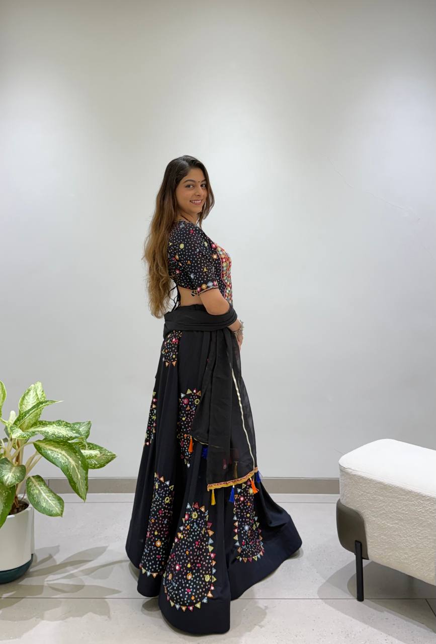 Black Pure Rayon Cotton Traditional Real Mirror Gamthi Work Navratri Lehenga Choli