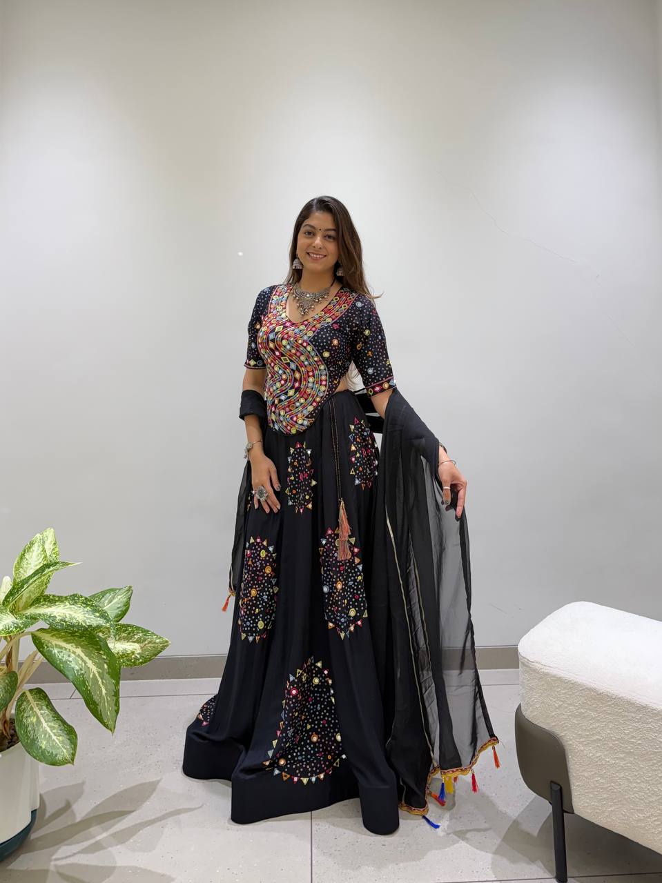 Black Pure Rayon Cotton Traditional Real Mirror Gamthi Work Navratri Lehenga Choli