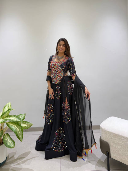 Black Pure Rayon Cotton Traditional Real Mirror Gamthi Work Navratri Lehenga Choli