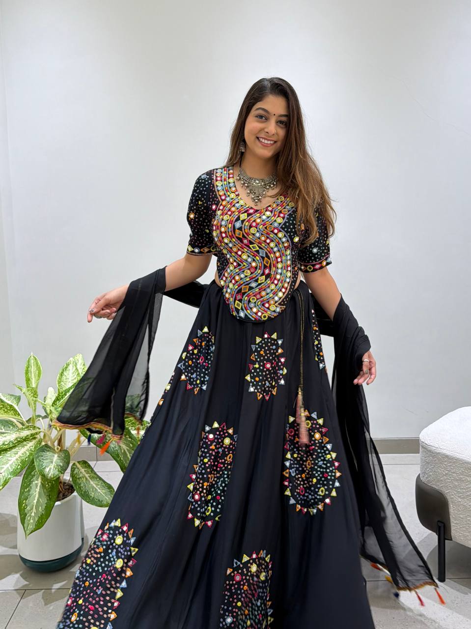 Black Pure Rayon Cotton Traditional Real Mirror Gamthi Work Navratri Lehenga Choli