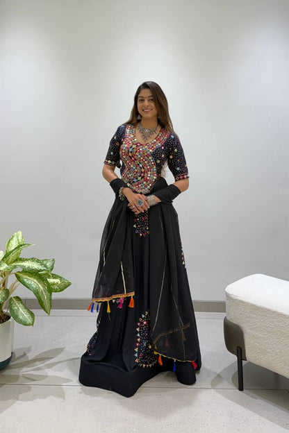 Black Pure Rayon Cotton Traditional Real Mirror Gamthi Work Navratri Lehenga Choli