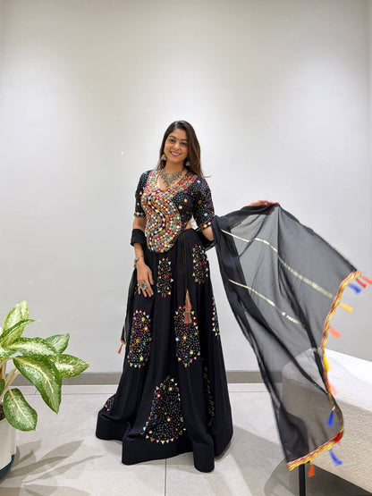 Black Pure Rayon Cotton Traditional Real Mirror Gamthi Work Navratri Lehenga Choli