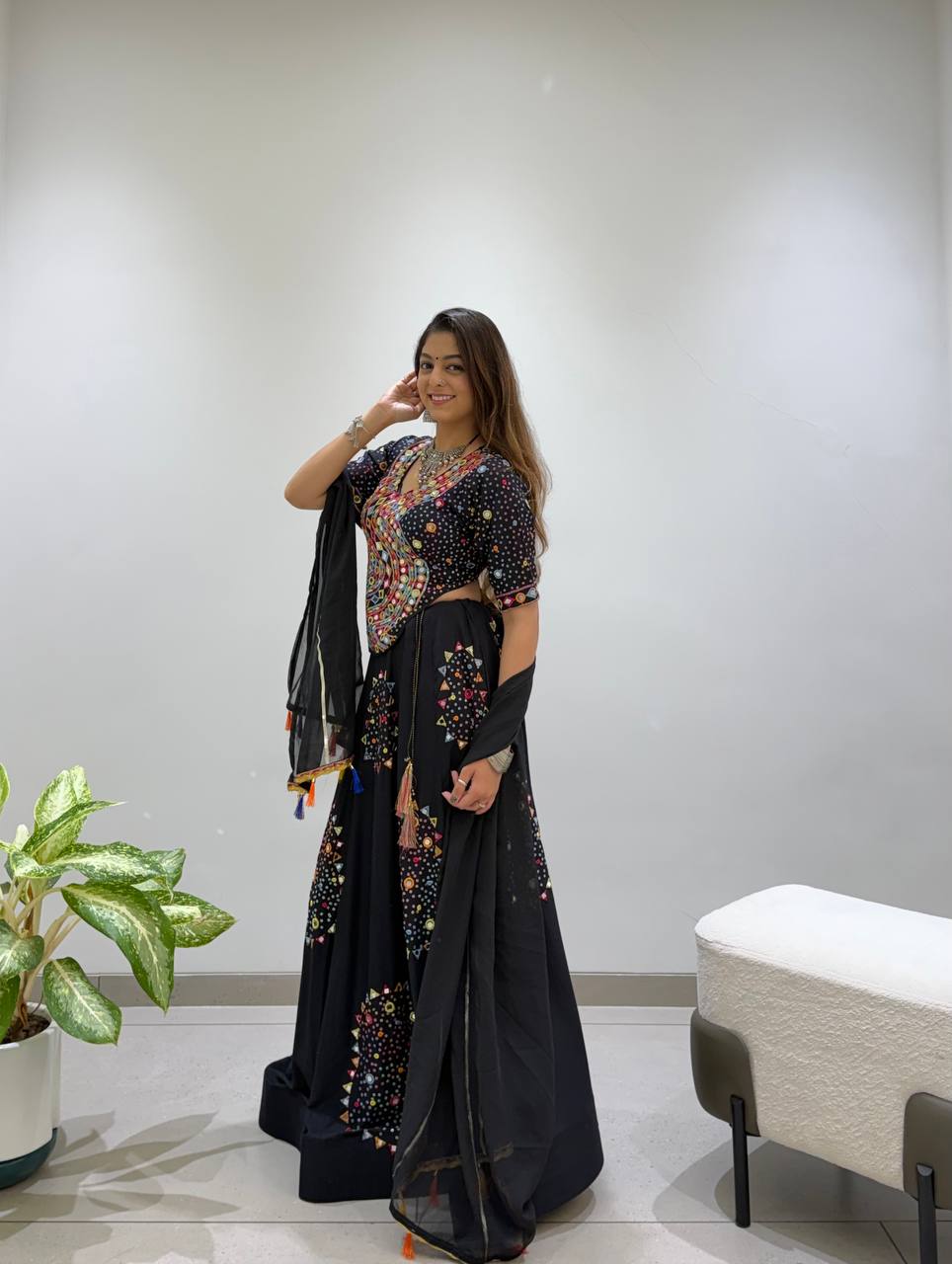 Black Pure Rayon Cotton Traditional Real Mirror Gamthi Work Navratri Lehenga Choli