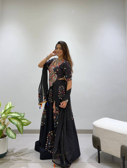 Black Pure Rayon Cotton Traditional Real Mirror Gamthi Work Navratri Lehenga Choli