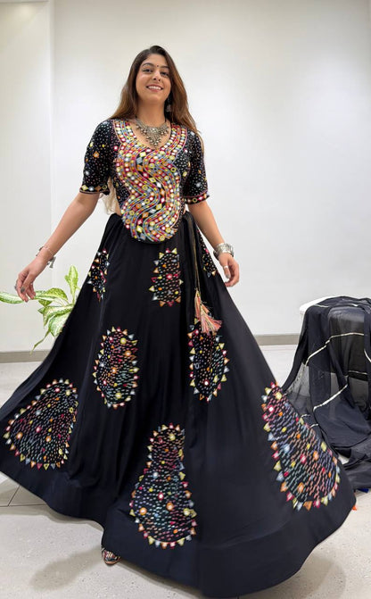Black Pure Rayon Cotton Traditional Real Mirror Gamthi Work Navratri Lehenga Choli