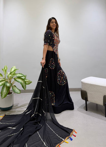 Black Pure Rayon Cotton Traditional Real Mirror Gamthi Work Navratri Lehenga Choli