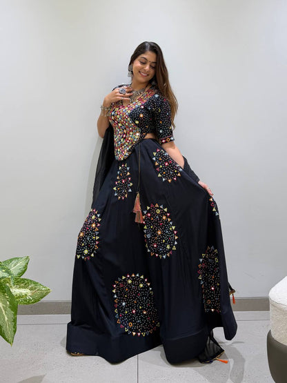Black Pure Rayon Cotton Traditional Real Mirror Gamthi Work Navratri Lehenga Choli