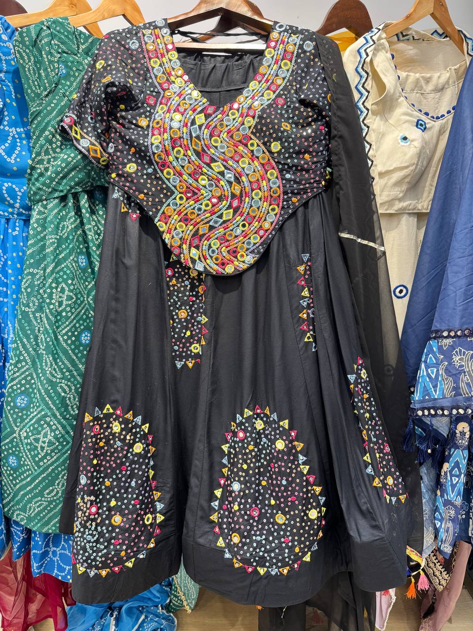 Black Pure Rayon Cotton Traditional Real Mirror Gamthi Work Navratri Lehenga Choli