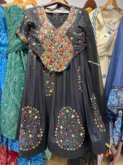 Black Pure Rayon Cotton Traditional Real Mirror Gamthi Work Navratri Lehenga Choli