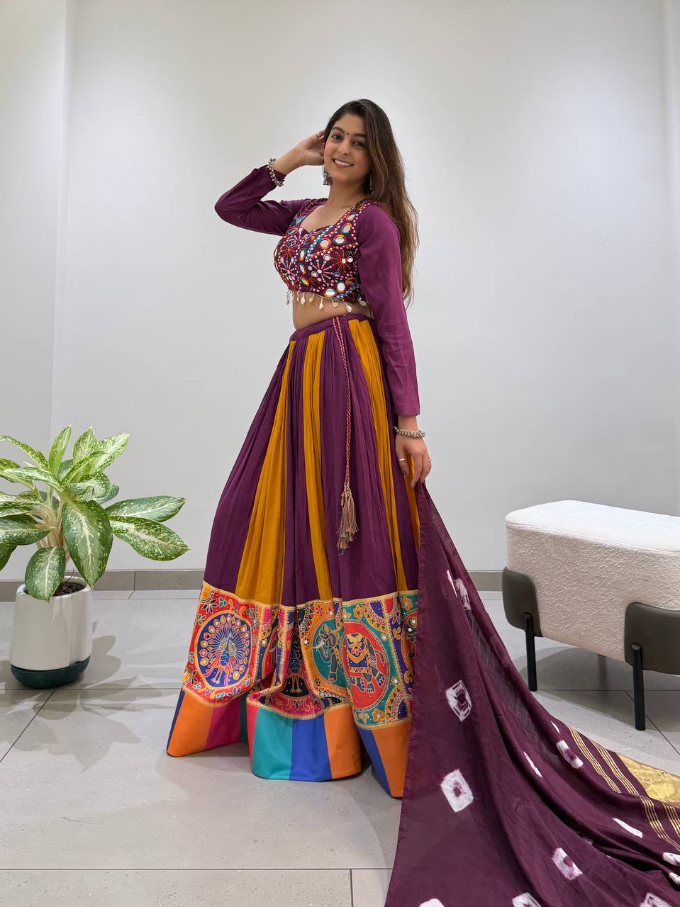 Purple Pure Rayon Cotton Traditional Real Mirror Gamthi Work Navratri Lehenga Choli