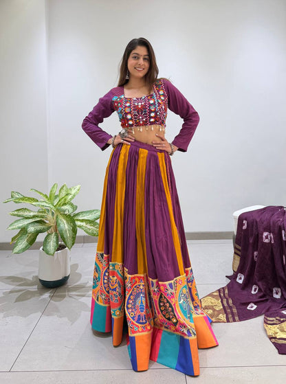Purple Pure Rayon Cotton Traditional Real Mirror Gamthi Work Navratri Lehenga Choli