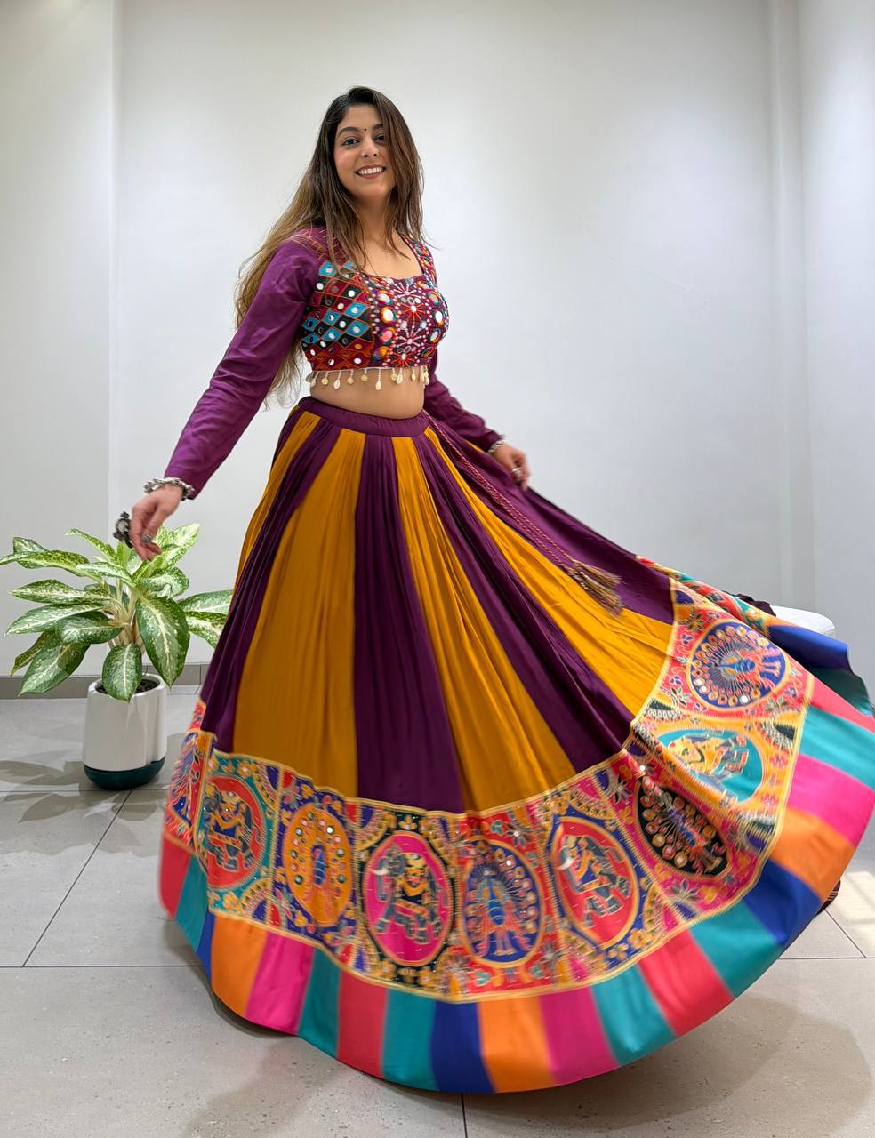 Purple Pure Rayon Cotton Traditional Real Mirror Gamthi Work Navratri Lehenga Choli