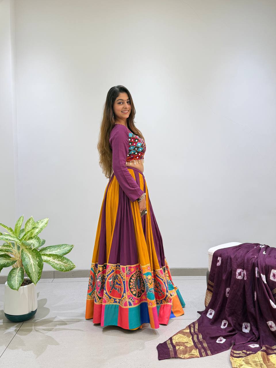Purple Pure Rayon Cotton Traditional Real Mirror Gamthi Work Navratri Lehenga Choli