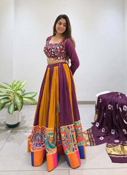 Purple Pure Rayon Cotton Traditional Real Mirror Gamthi Work Navratri Lehenga Choli