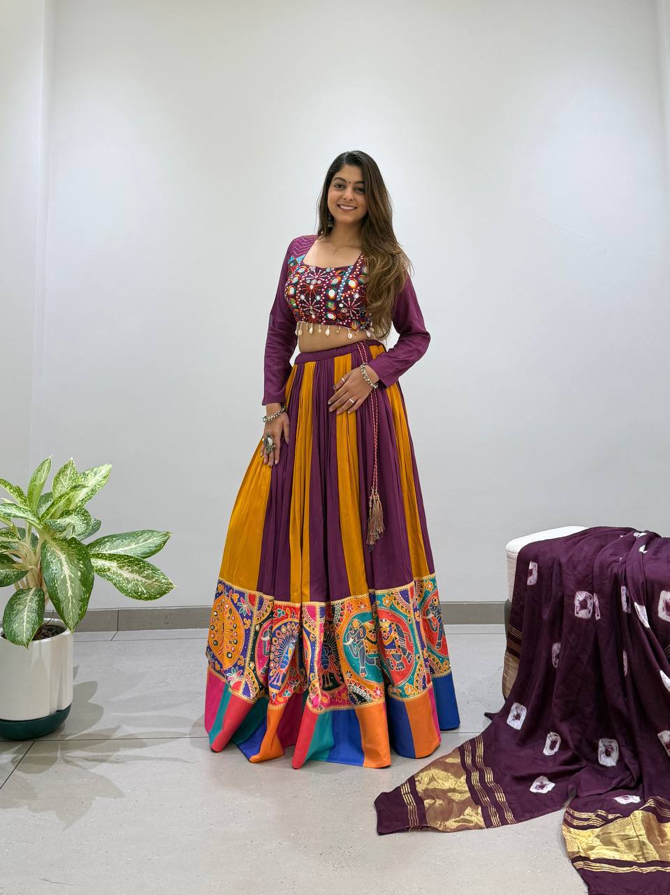Purple Pure Rayon Cotton Traditional Real Mirror Gamthi Work Navratri Lehenga Choli