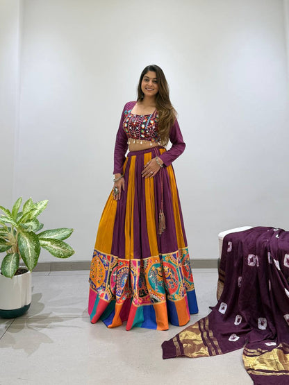 Purple Pure Rayon Cotton Traditional Real Mirror Gamthi Work Navratri Lehenga Choli