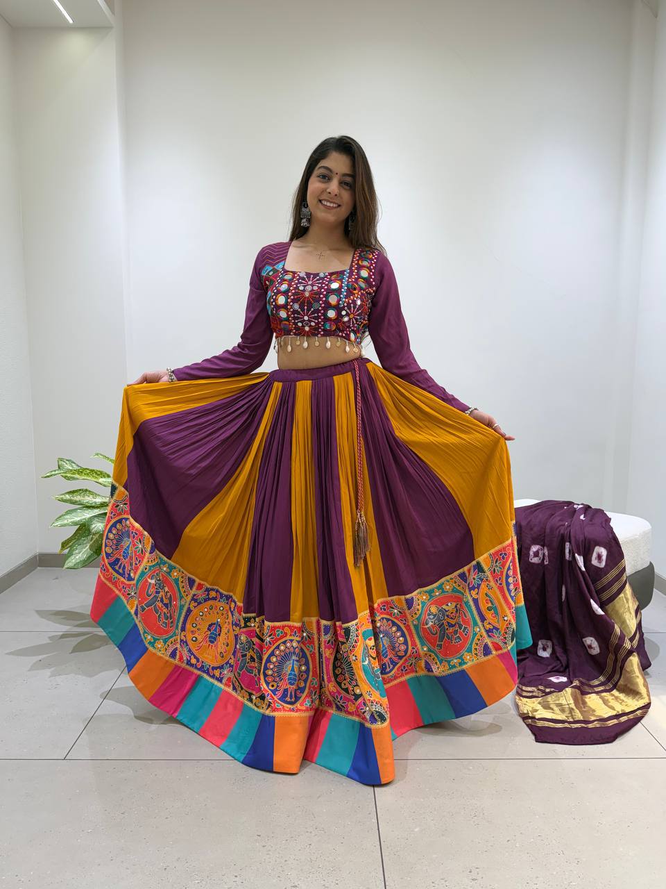 Purple Pure Rayon Cotton Traditional Real Mirror Gamthi Work Navratri Lehenga Choli