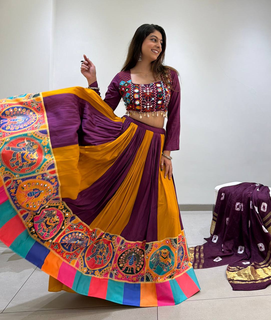 Purple Pure Rayon Cotton Traditional Real Mirror Gamthi Work Navratri Lehenga Choli