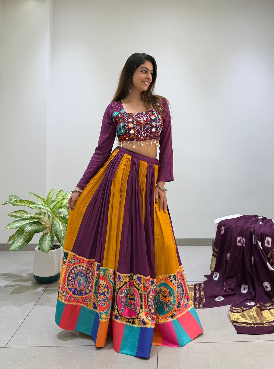 Purple Pure Rayon Cotton Traditional Real Mirror Gamthi Work Navratri Lehenga Choli