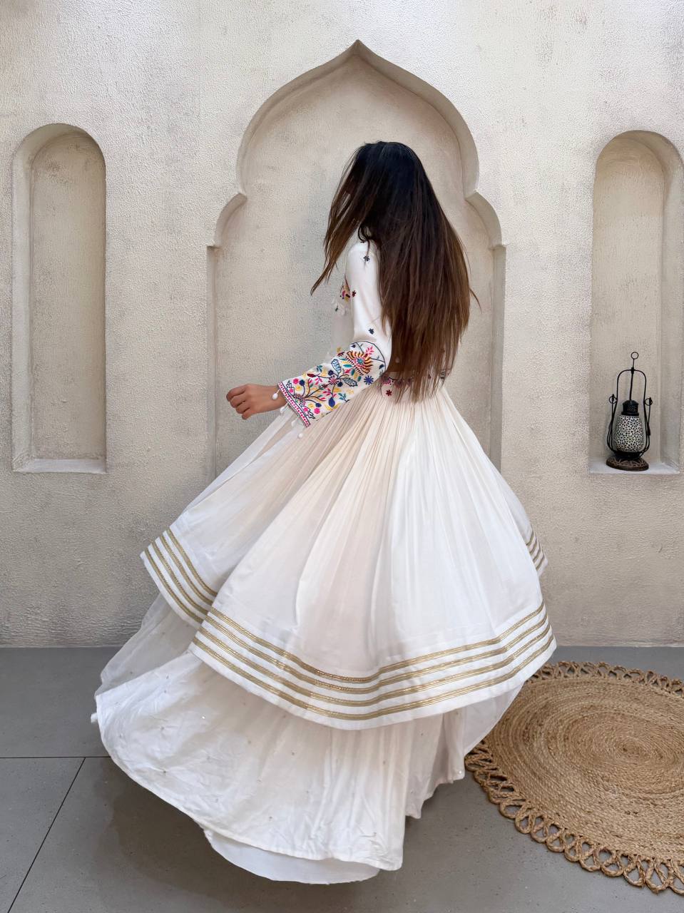 White Pure Rayon Cotton Traditional Real Mirror Gamthi Work Navratri Lehenga Choli