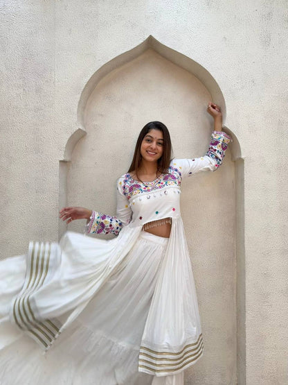 White Pure Rayon Cotton Traditional Real Mirror Gamthi Work Navratri Lehenga Choli