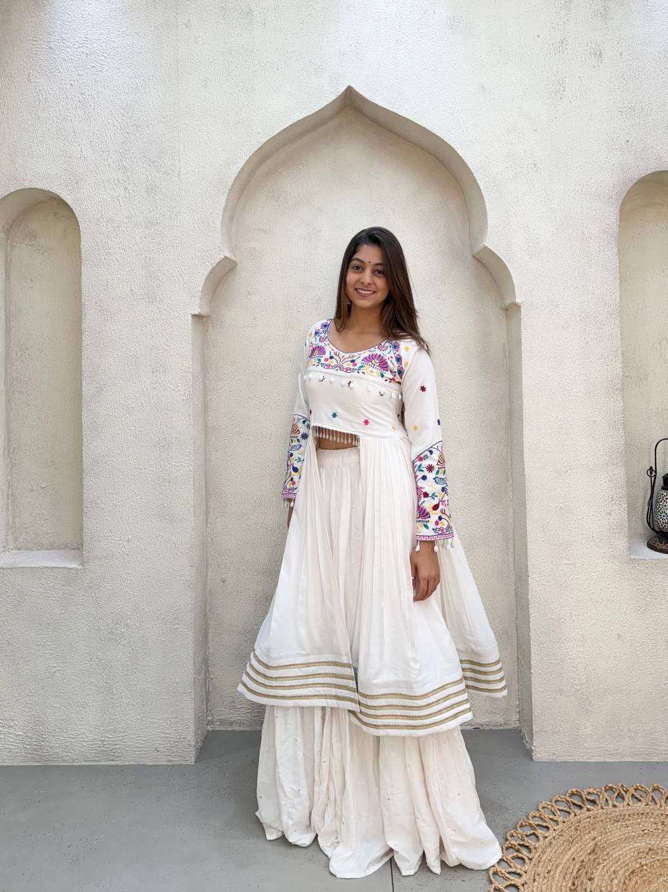 White Pure Rayon Cotton Traditional Real Mirror Gamthi Work Navratri Lehenga Choli